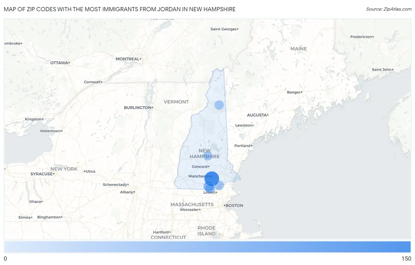Zip Codes with the Most Immigrants from Jordan in New Hampshire Map