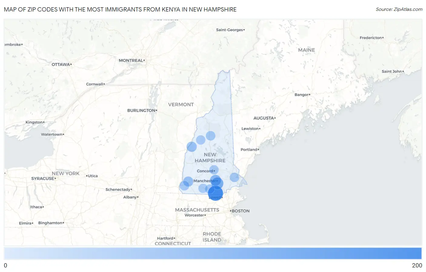 Zip Codes with the Most Immigrants from Kenya in New Hampshire Map