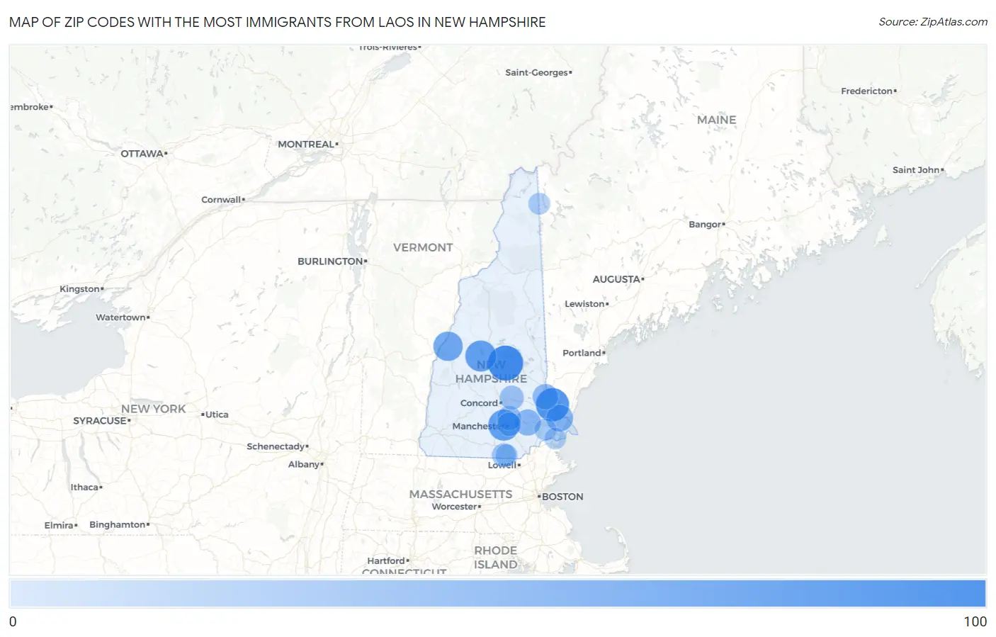 Zip Codes with the Most Immigrants from Laos in New Hampshire Map