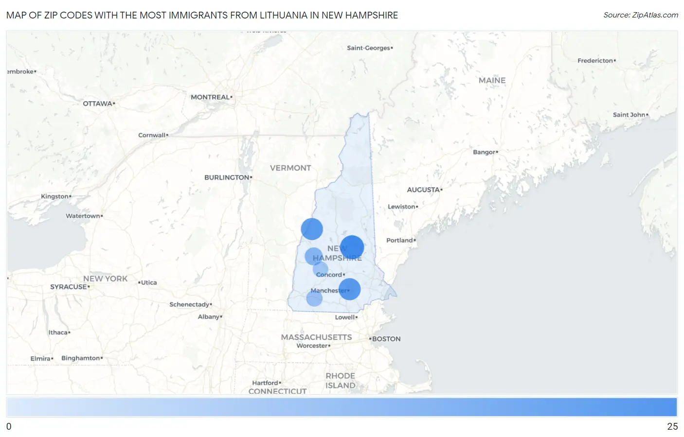 Zip Codes with the Most Immigrants from Lithuania in New Hampshire Map