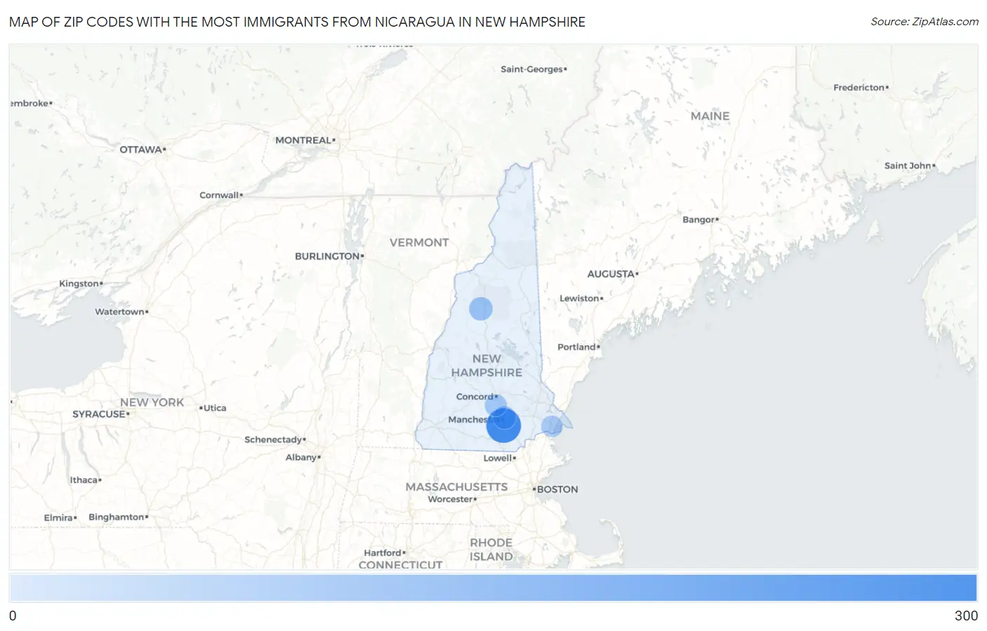 Zip Codes with the Most Immigrants from Nicaragua in New Hampshire Map