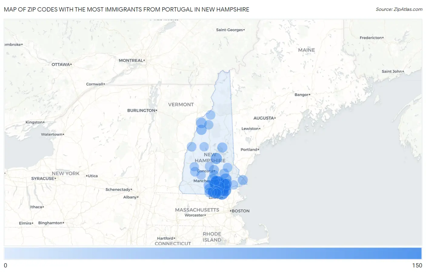 Zip Codes with the Most Immigrants from Portugal in New Hampshire Map