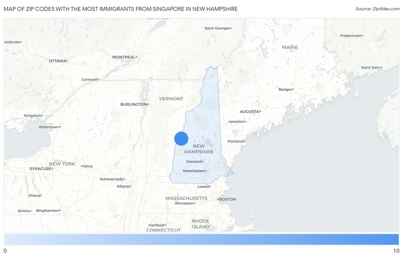Zip Codes with the Most Immigrants from Singapore in New Hampshire Map
