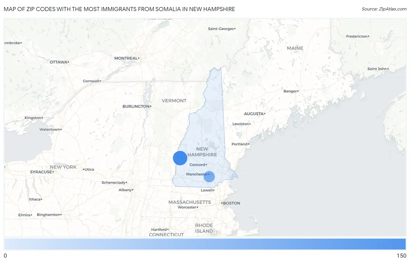 Zip Codes with the Most Immigrants from Somalia in New Hampshire Map