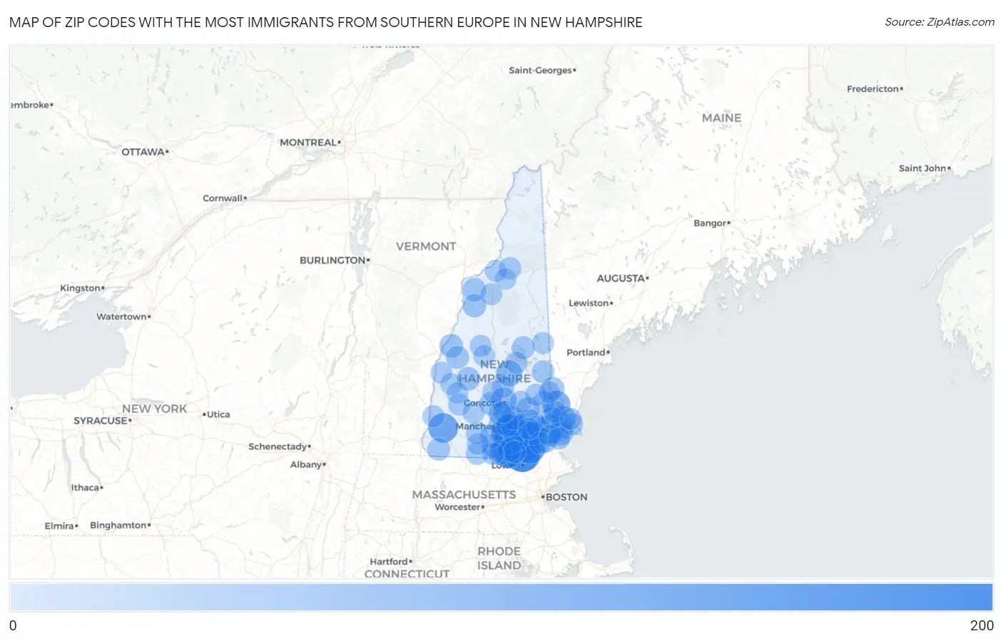 Zip Codes with the Most Immigrants from Southern Europe in New Hampshire Map