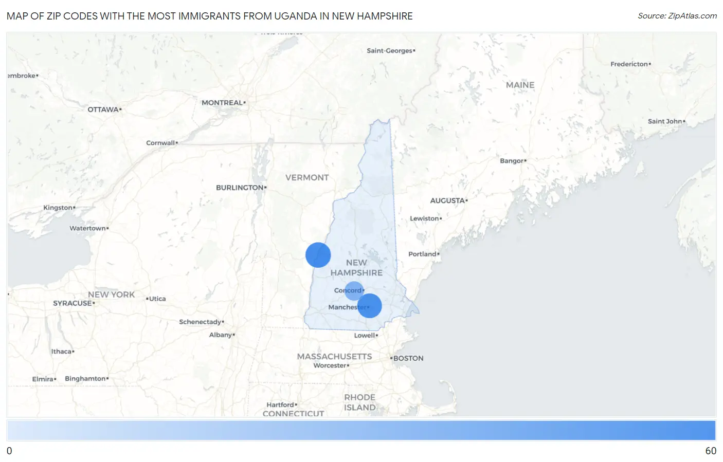 Zip Codes with the Most Immigrants from Uganda in New Hampshire Map