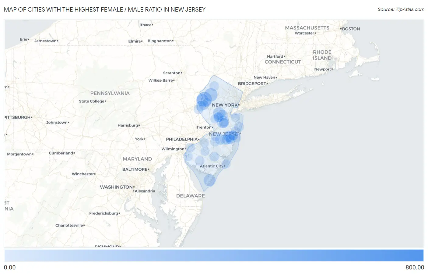 Cities with the Highest Female / Male Ratio in New Jersey Map