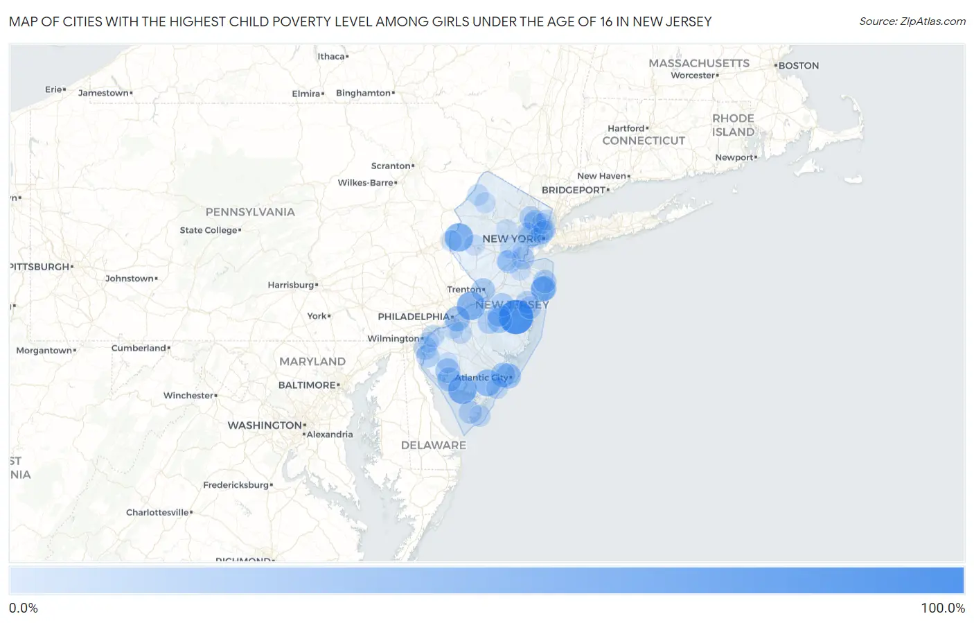 Cities with the Highest Child Poverty Level Among Girls Under the Age of 16 in New Jersey Map