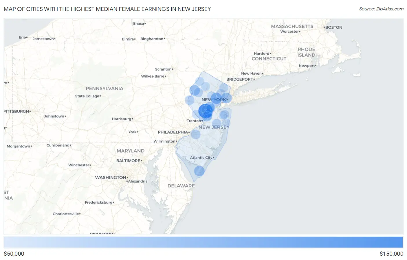 Cities with the Highest Median Female Earnings in New Jersey Map
