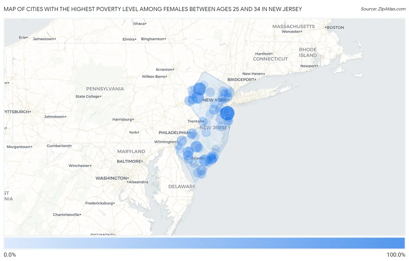 Cities with the Highest Poverty Level Among Females Between Ages 25 and 34 in New Jersey Map