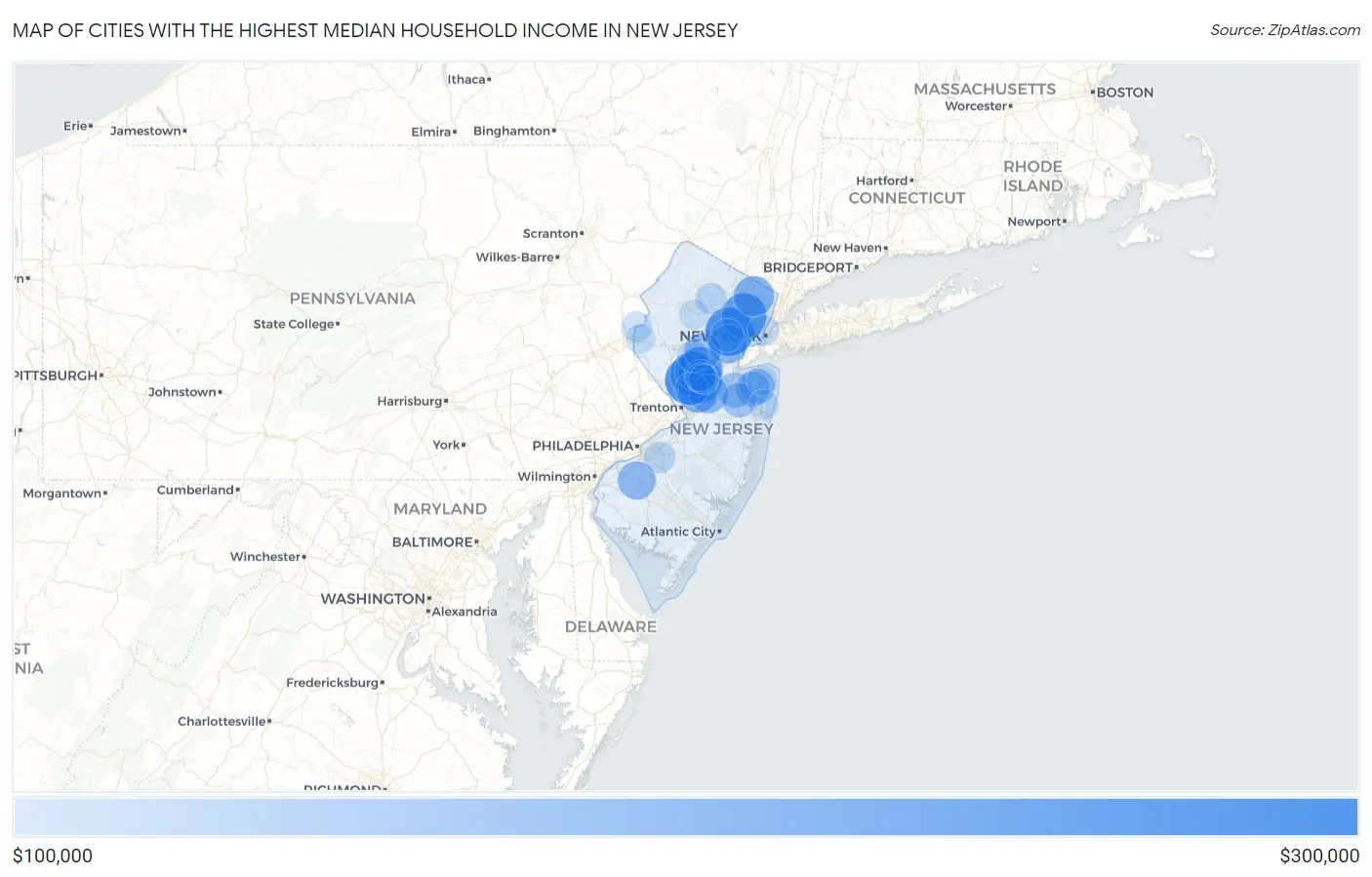 Cities with the Highest Median Household Income in New Jersey Map