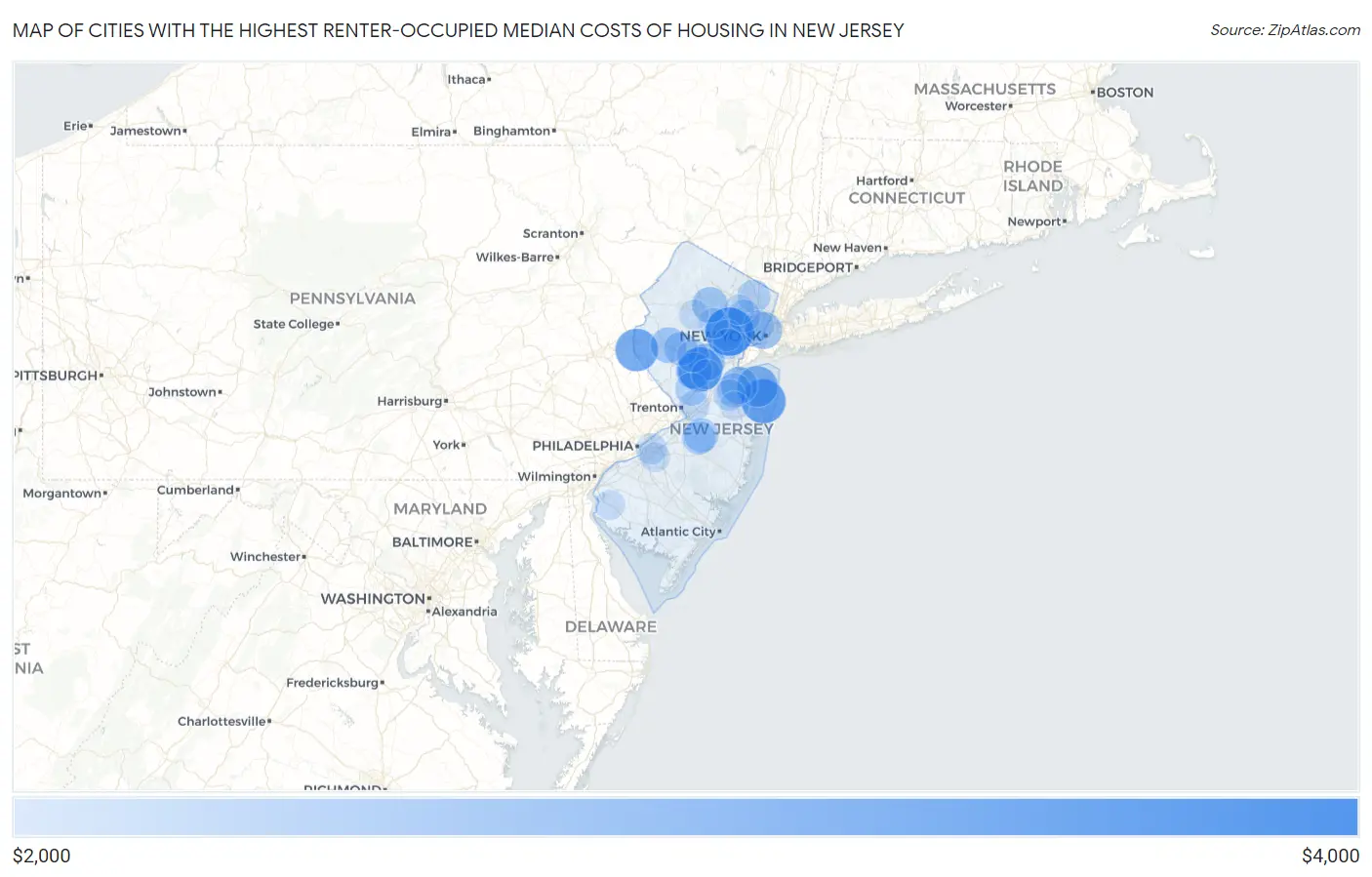 Cities with the Highest Renter-Occupied Median Costs of Housing in New Jersey Map