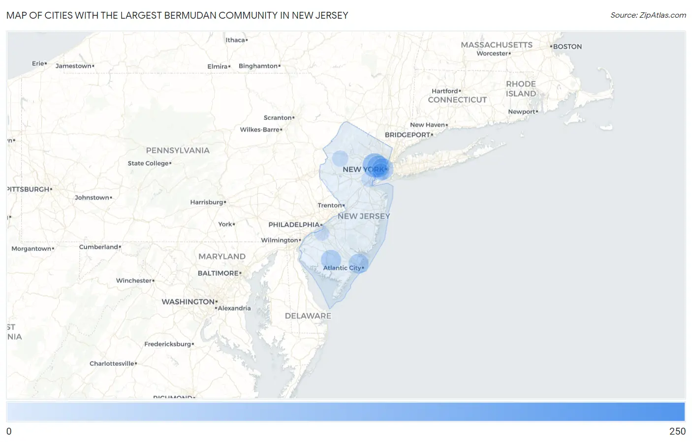 Cities with the Largest Bermudan Community in New Jersey Map