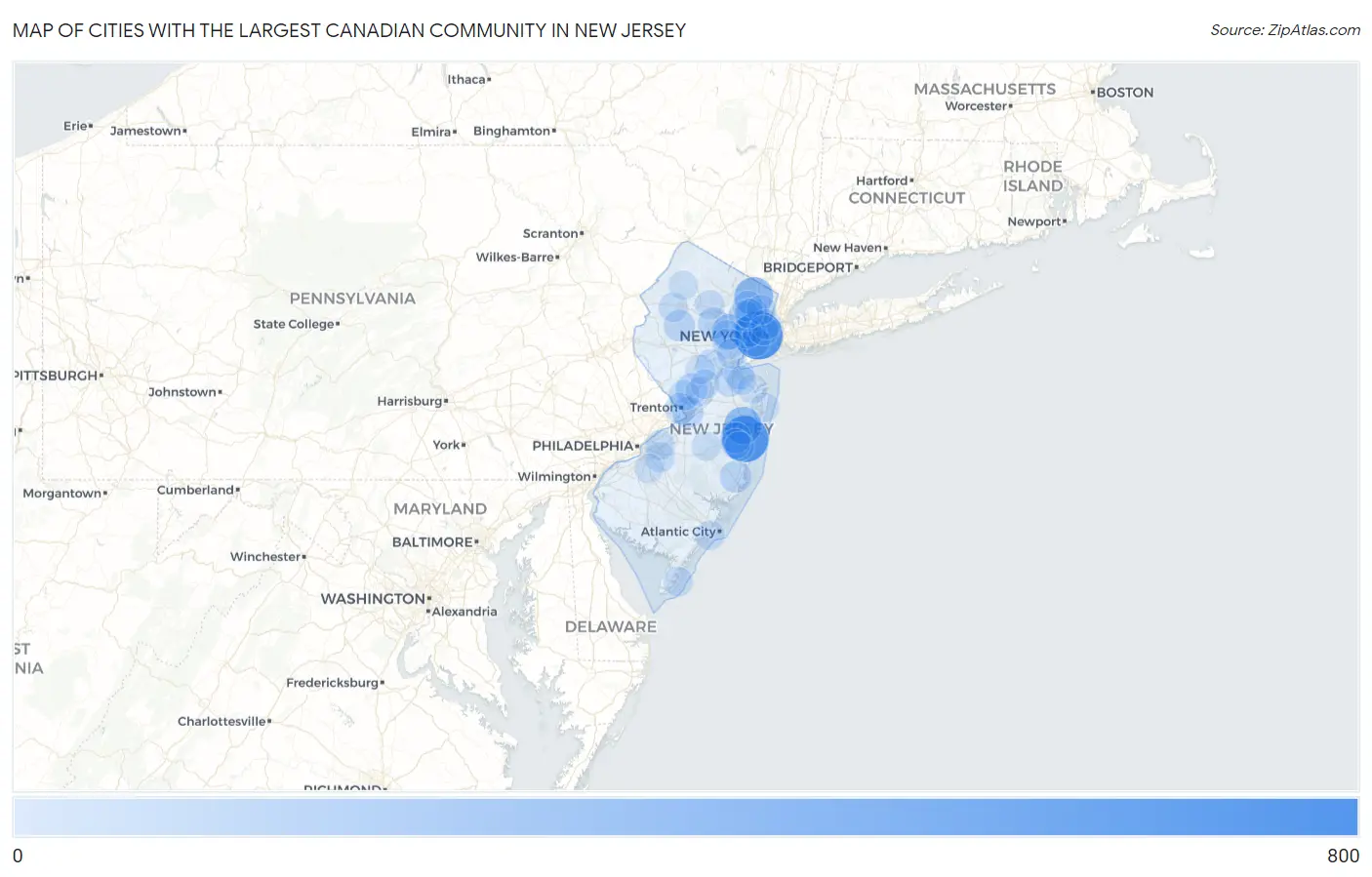 Cities with the Largest Canadian Community in New Jersey Map