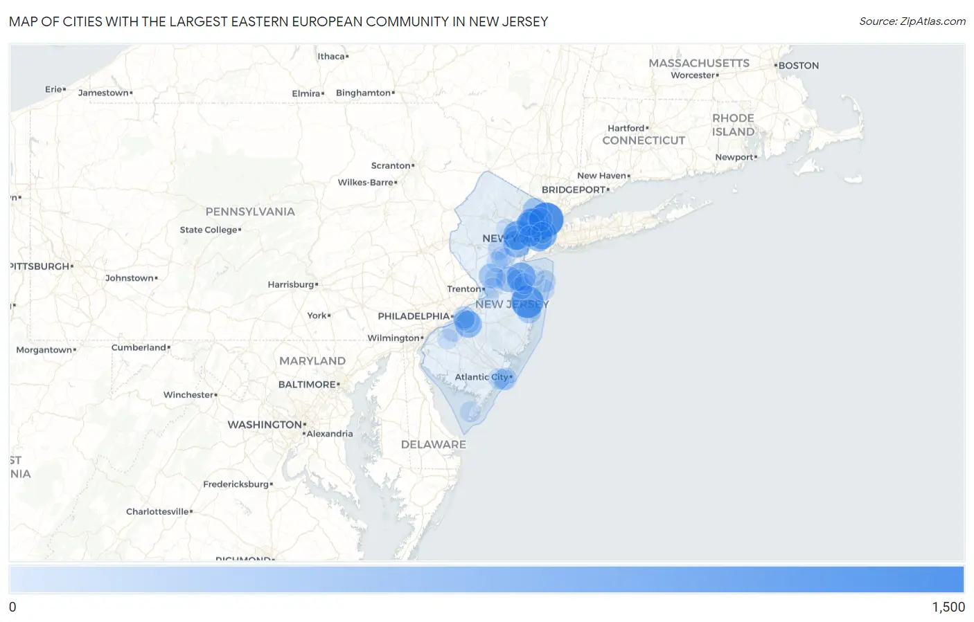 Cities with the Largest Eastern European Community in New Jersey Map