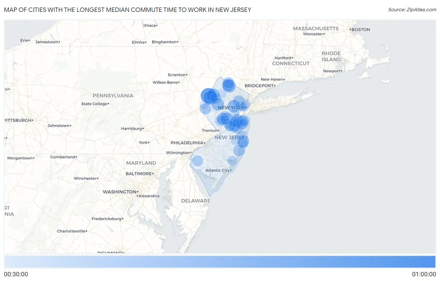 Cities with the Longest Median Commute Time to Work in New Jersey Map