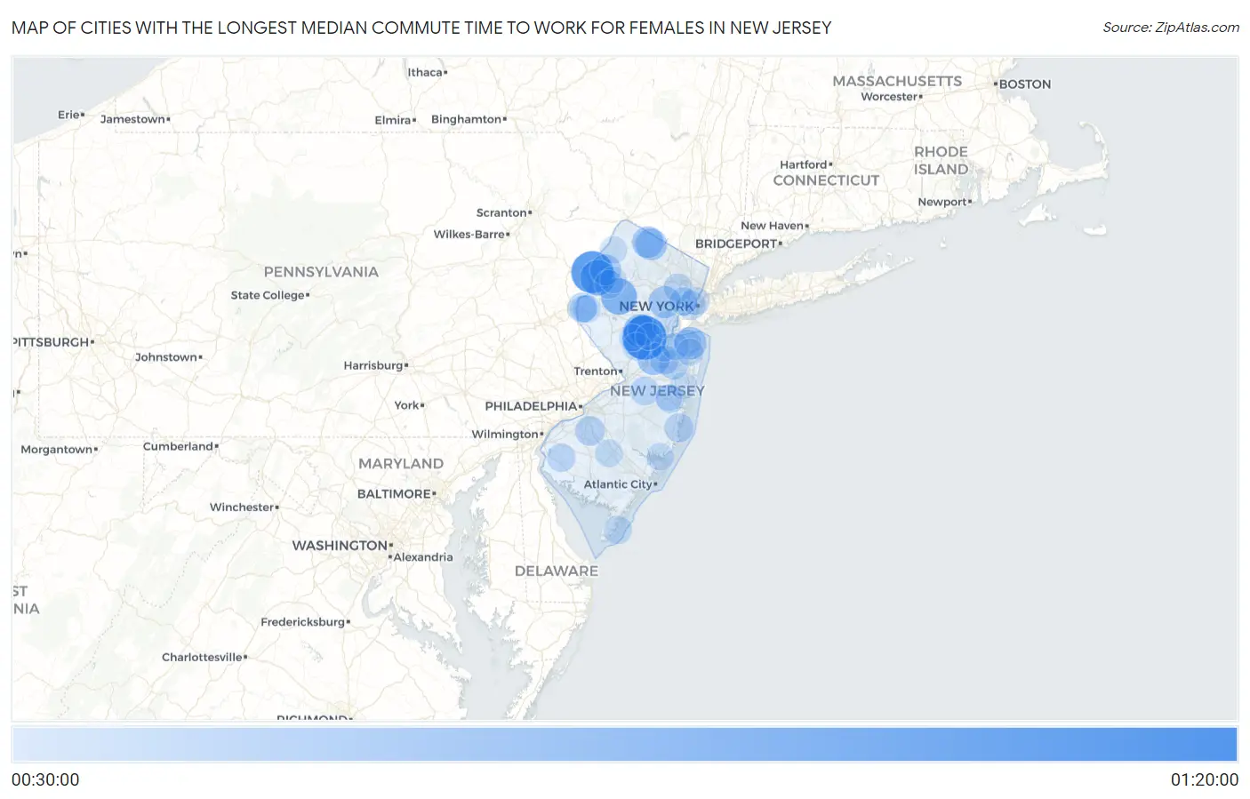 Cities with the Longest Median Commute Time to Work for Females in New Jersey Map