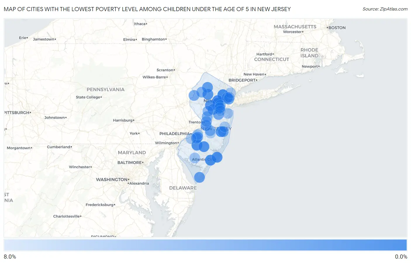 Cities with the Lowest Poverty Level Among Children Under the Age of 5 in New Jersey Map