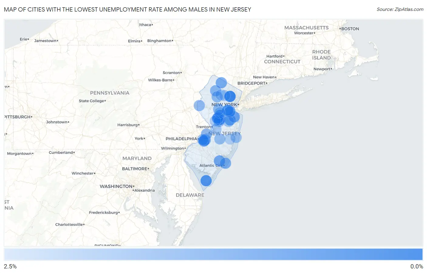 Cities with the Lowest Unemployment Rate Among Males in New Jersey Map