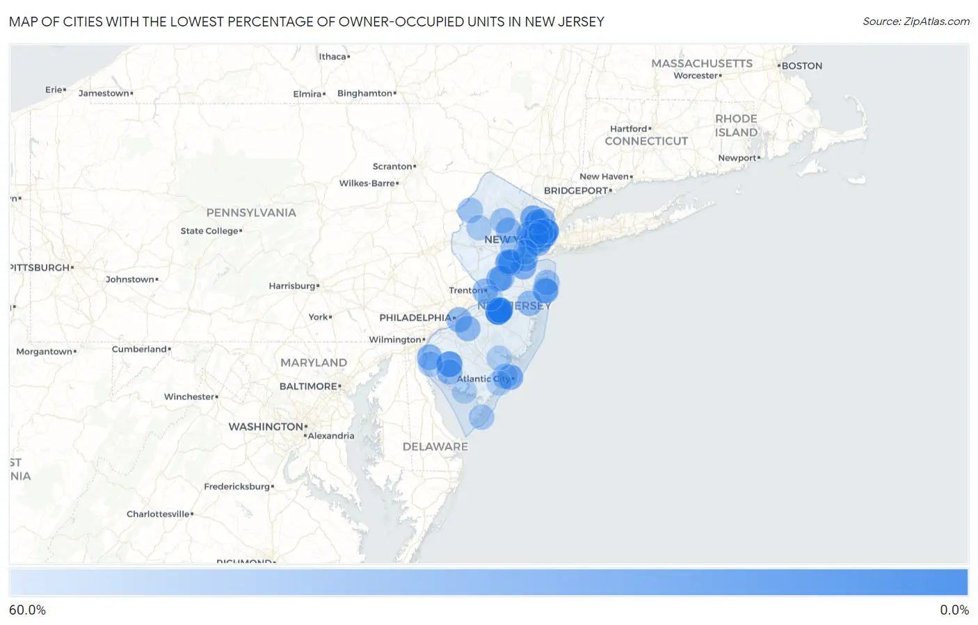 Cities with the Lowest Percentage of Owner-Occupied Units in New Jersey Map