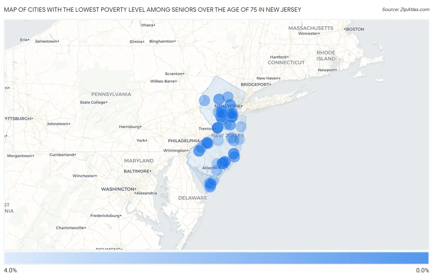Cities with the Lowest Poverty Level Among Seniors Over the Age of 75 in New Jersey Map