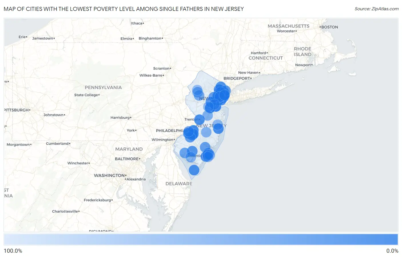 Cities with the Lowest Poverty Level Among Single Fathers in New Jersey Map
