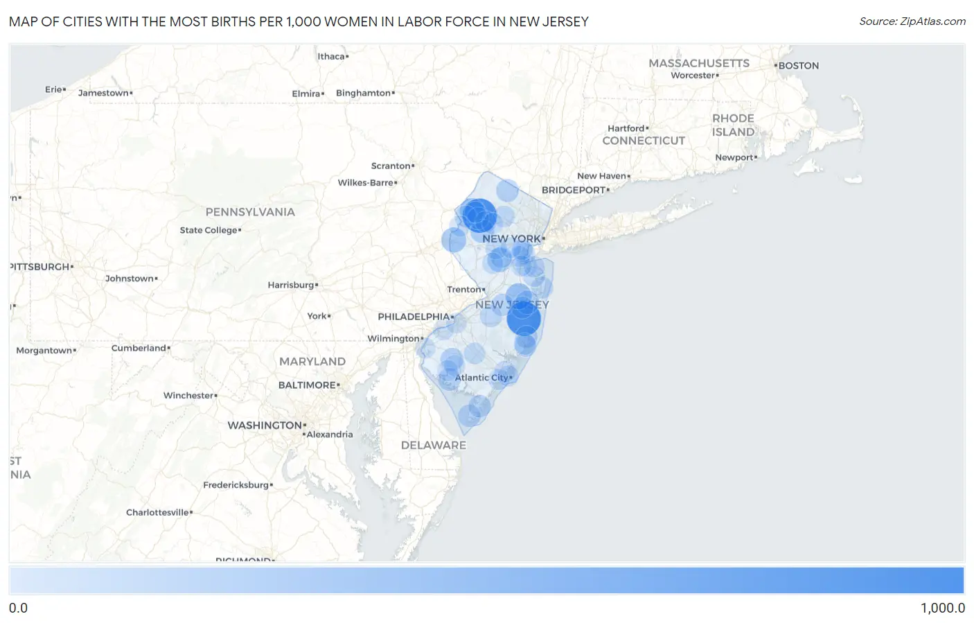 Cities with the Most Births per 1,000 Women in Labor Force in New Jersey Map