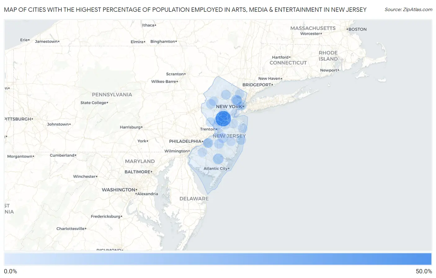 Cities with the Highest Percentage of Population Employed in Arts, Media & Entertainment in New Jersey Map