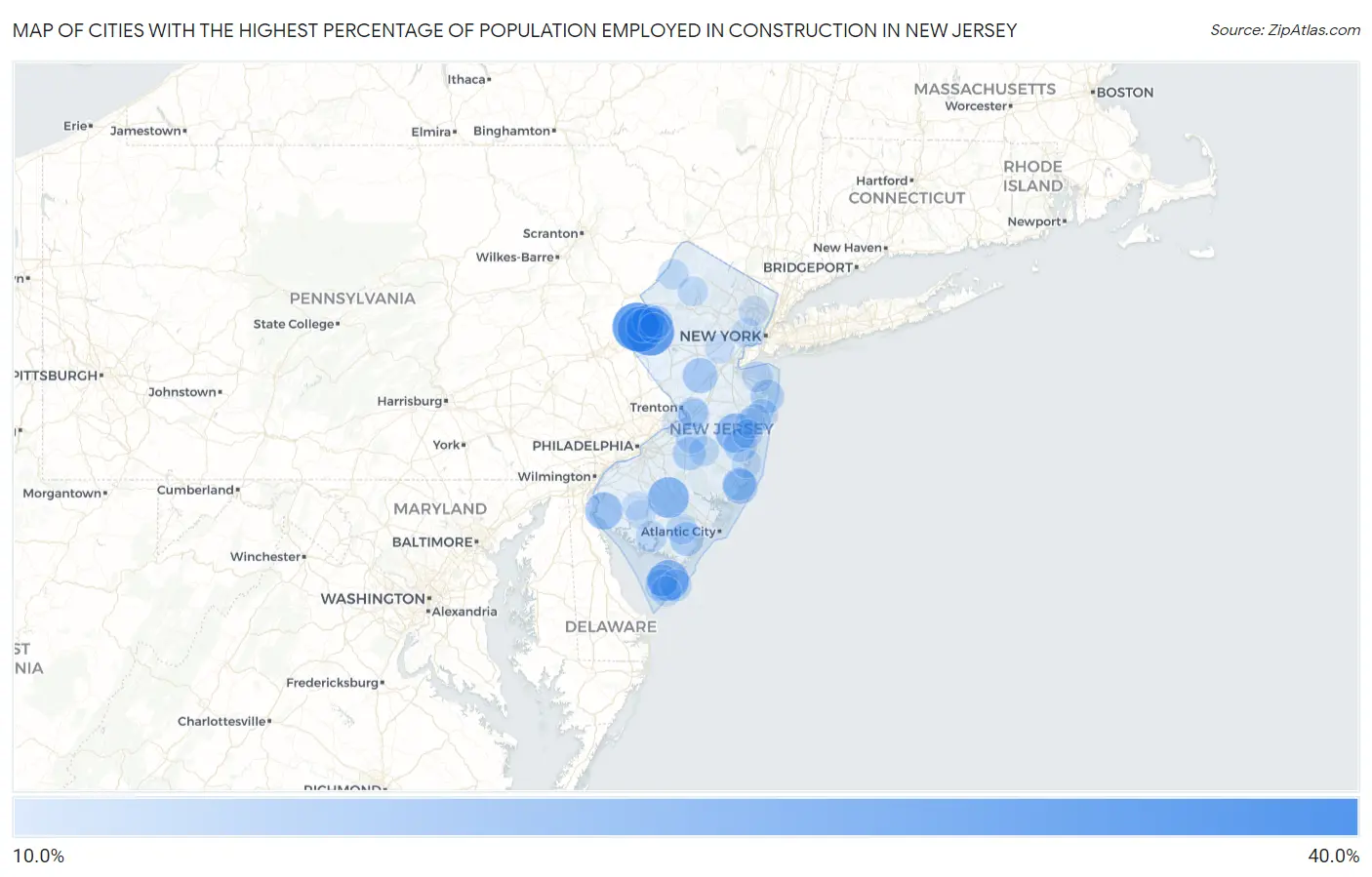 Cities with the Highest Percentage of Population Employed in Construction in New Jersey Map