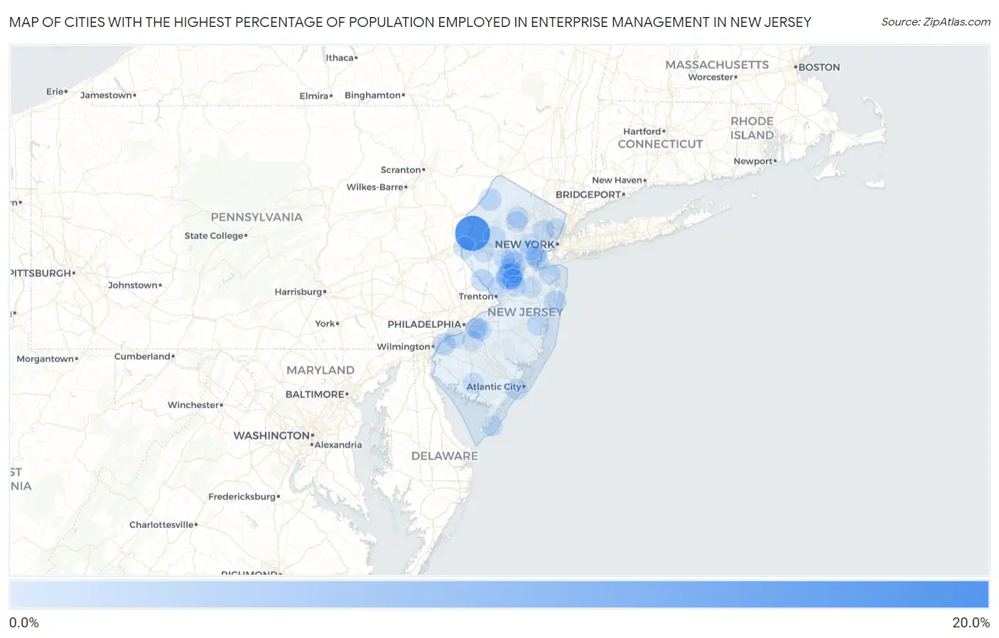 Cities with the Highest Percentage of Population Employed in Enterprise Management in New Jersey Map
