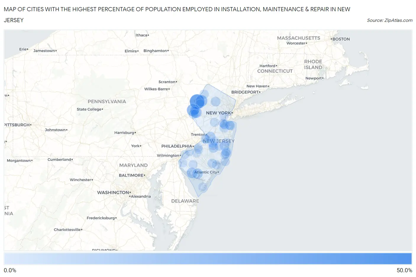 Cities with the Highest Percentage of Population Employed in Installation, Maintenance & Repair in New Jersey Map