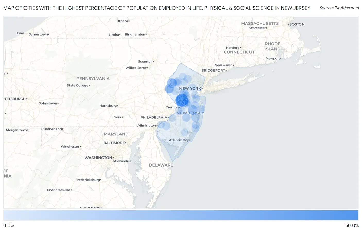 Cities with the Highest Percentage of Population Employed in Life, Physical & Social Science in New Jersey Map