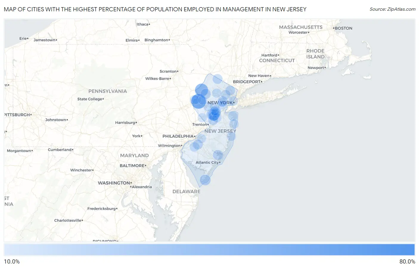 Cities with the Highest Percentage of Population Employed in Management in New Jersey Map