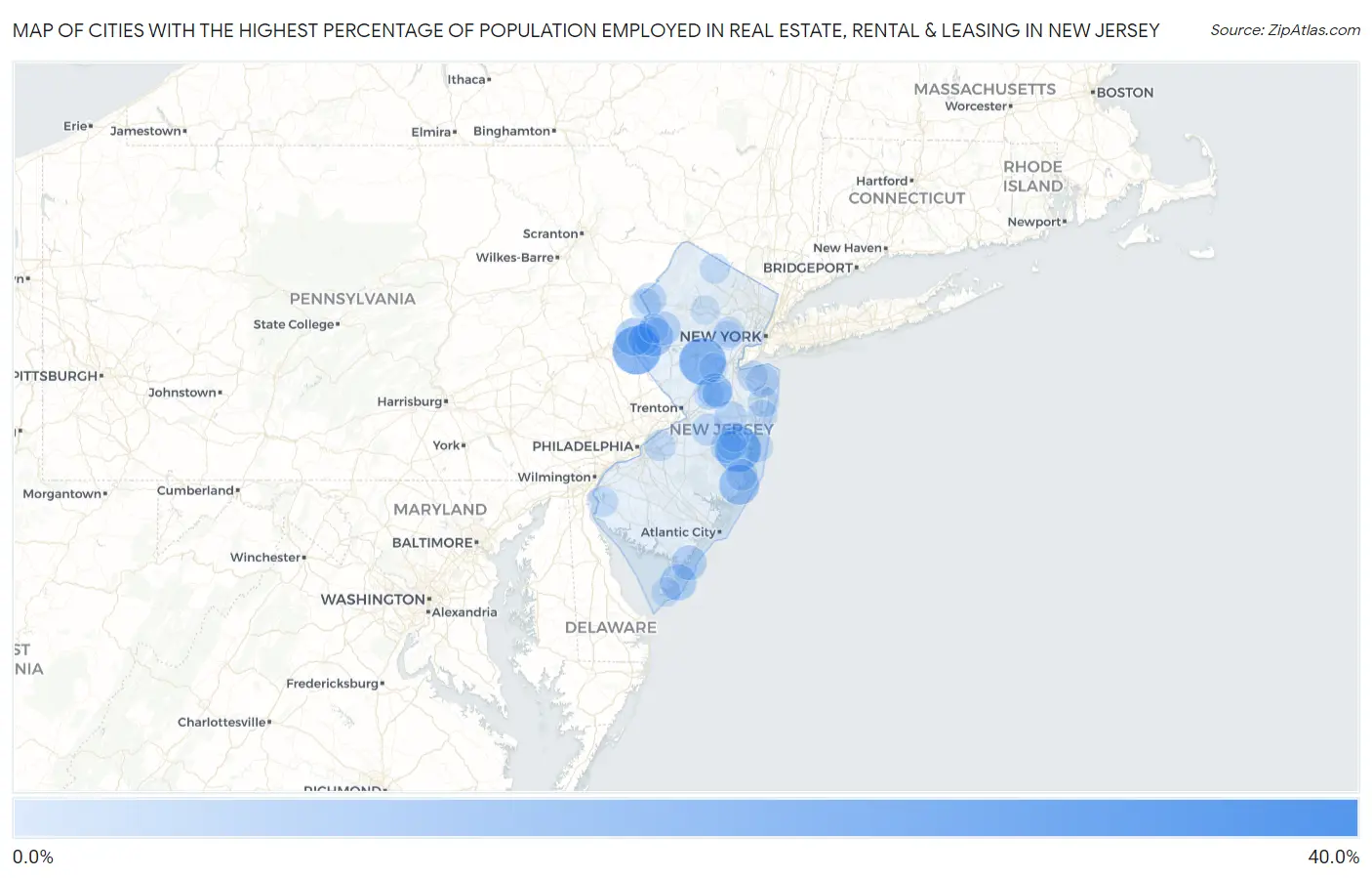 Cities with the Highest Percentage of Population Employed in Real Estate, Rental & Leasing in New Jersey Map