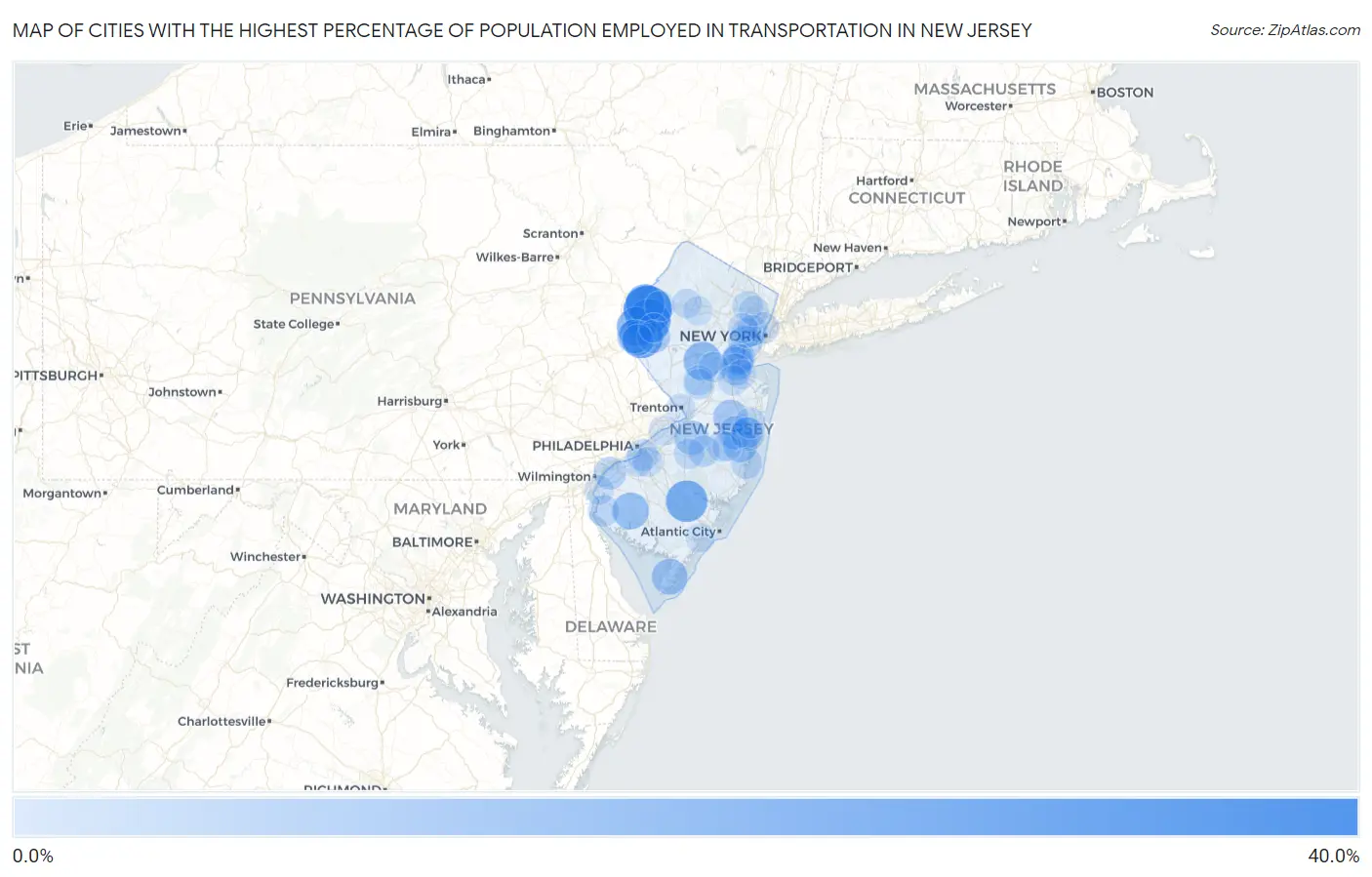 Cities with the Highest Percentage of Population Employed in Transportation in New Jersey Map