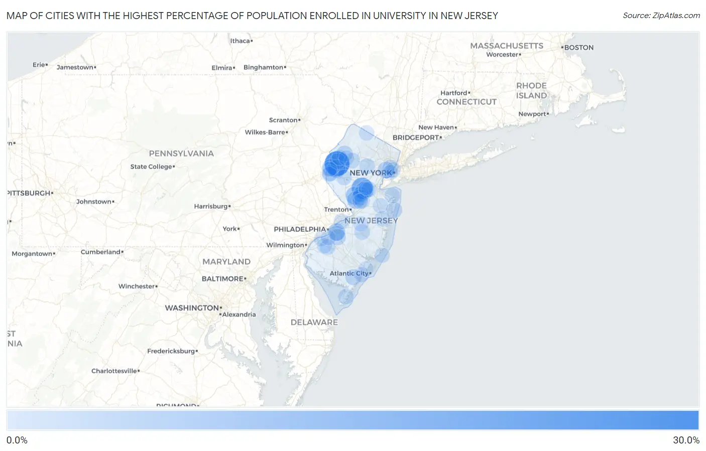 Cities with the Highest Percentage of Population Enrolled in University in New Jersey Map
