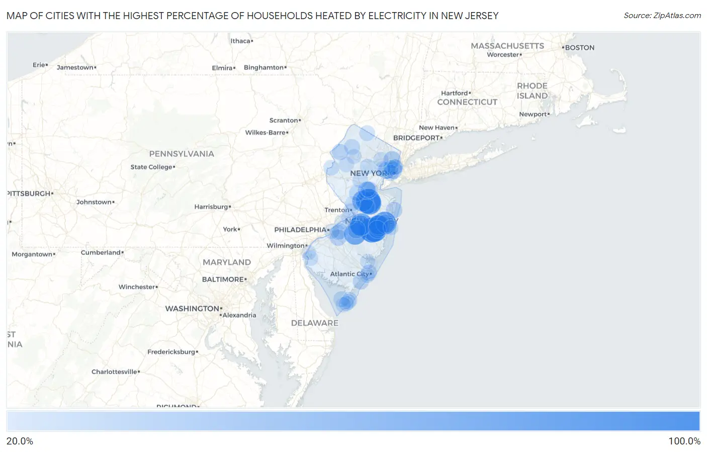 Cities with the Highest Percentage of Households Heated by Electricity in New Jersey Map