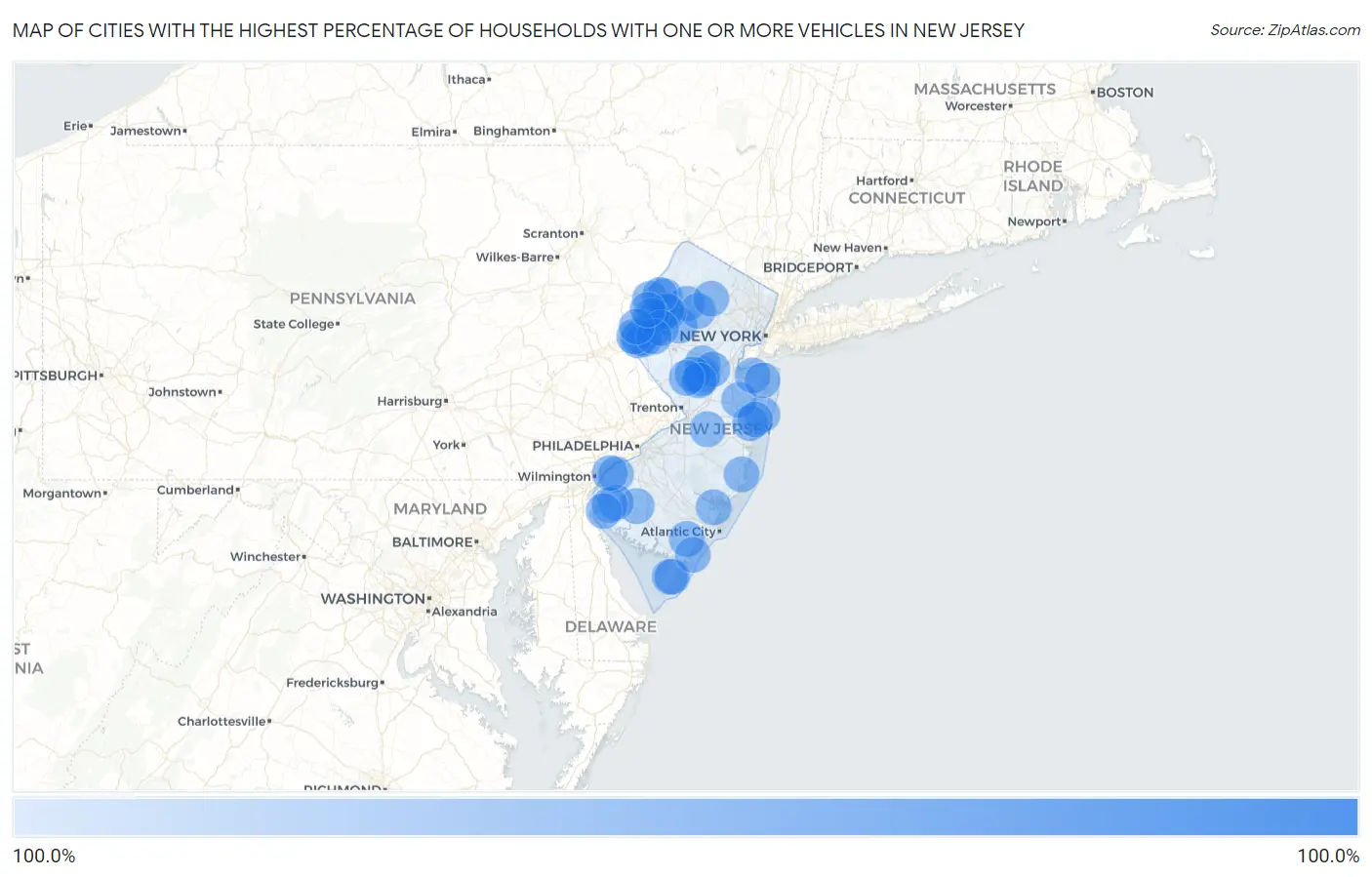 Cities with the Highest Percentage of Households With One or more Vehicles in New Jersey Map