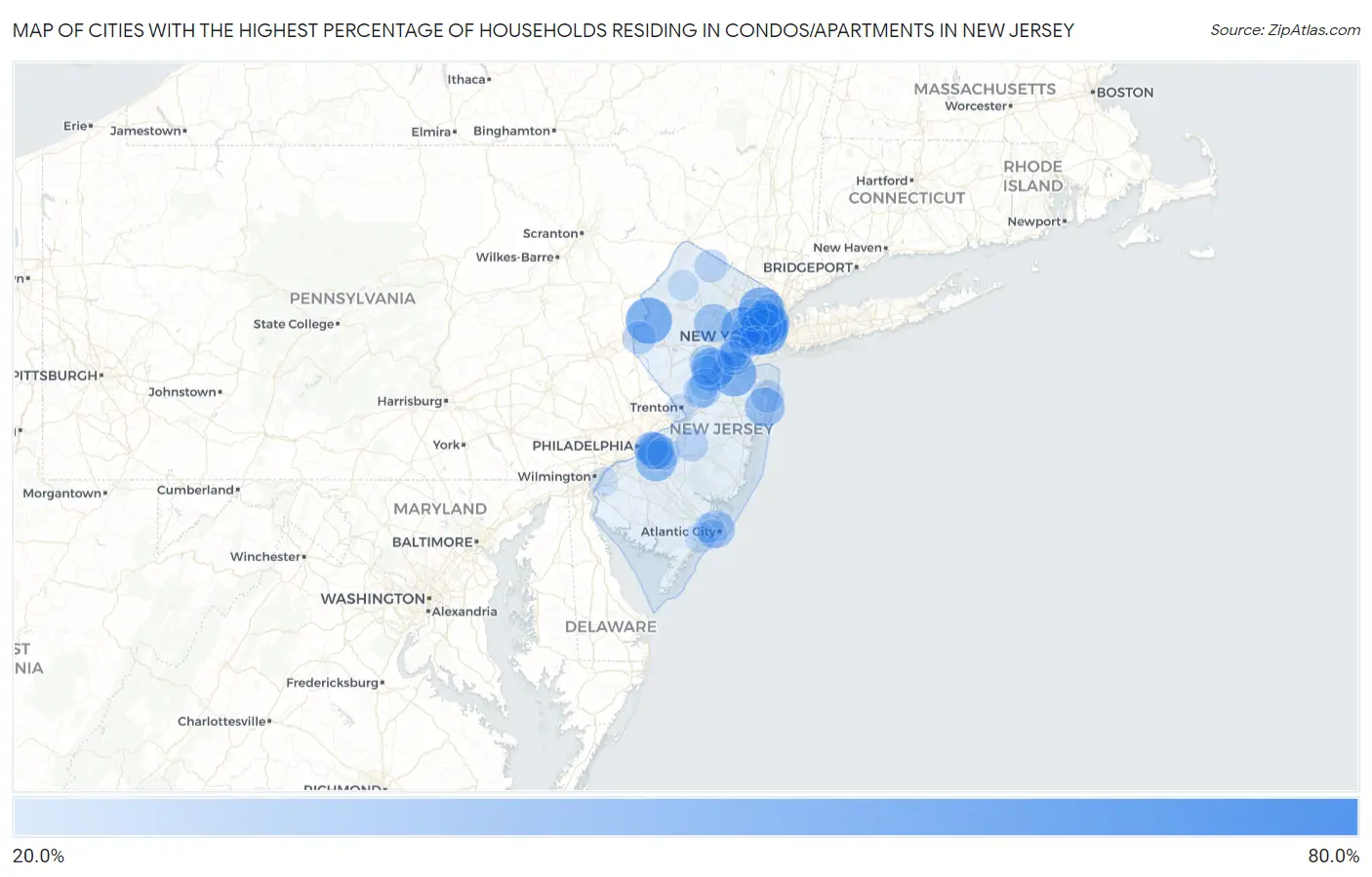 Cities with the Highest Percentage of Households Residing in Condos/Apartments in New Jersey Map