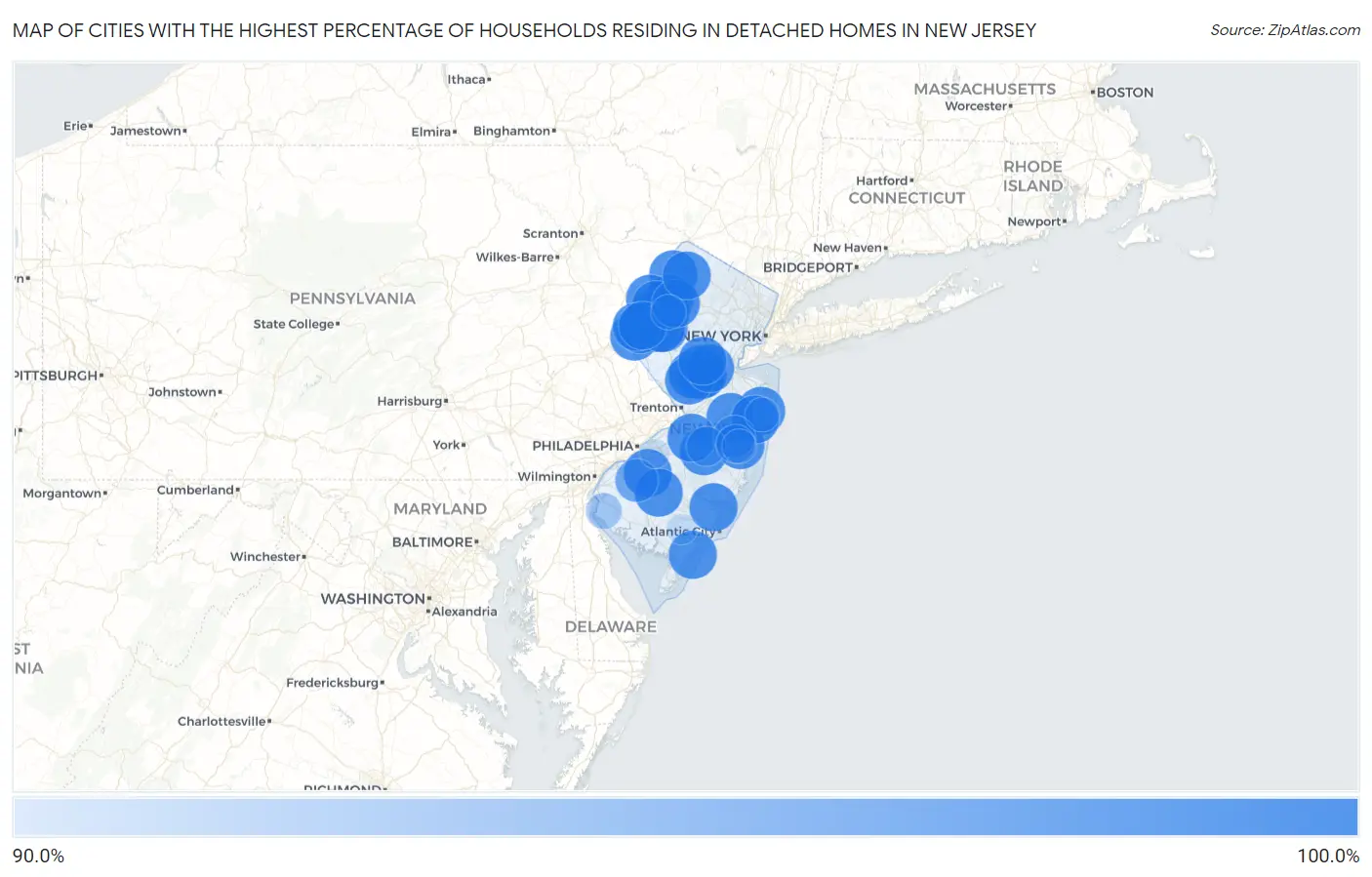 Cities with the Highest Percentage of Households Residing in Detached Homes in New Jersey Map