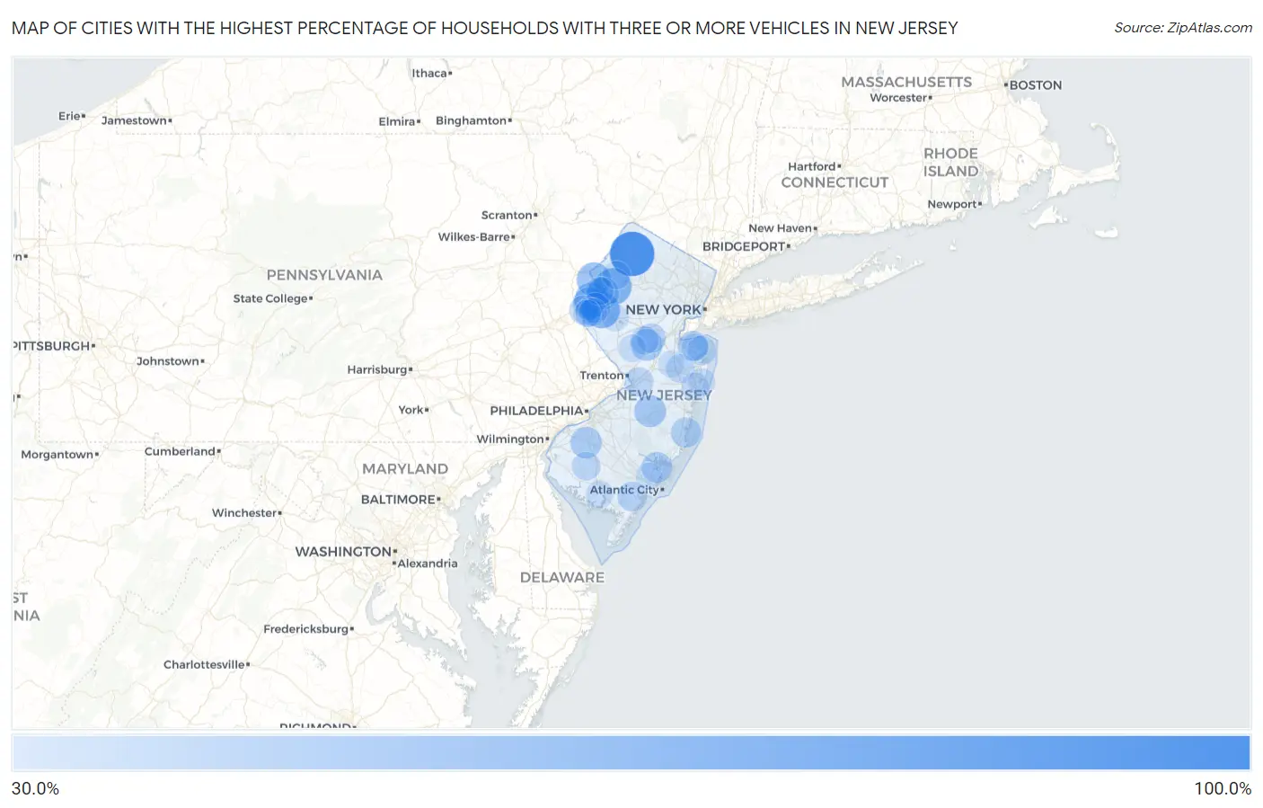 Cities with the Highest Percentage of Households With Three or more Vehicles in New Jersey Map