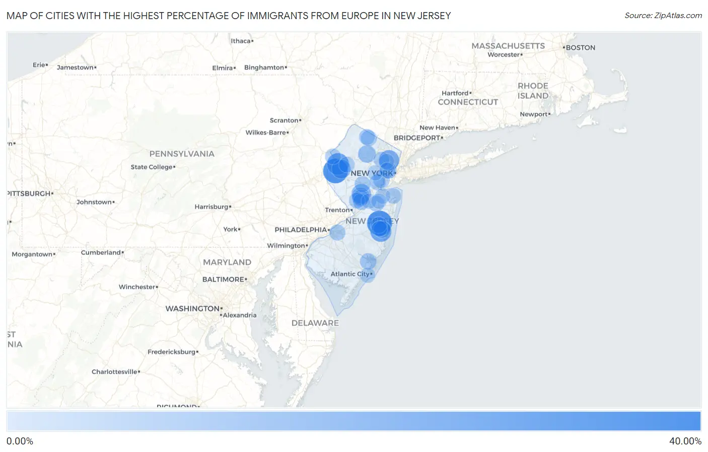 Cities with the Highest Percentage of Immigrants from Europe in New Jersey Map