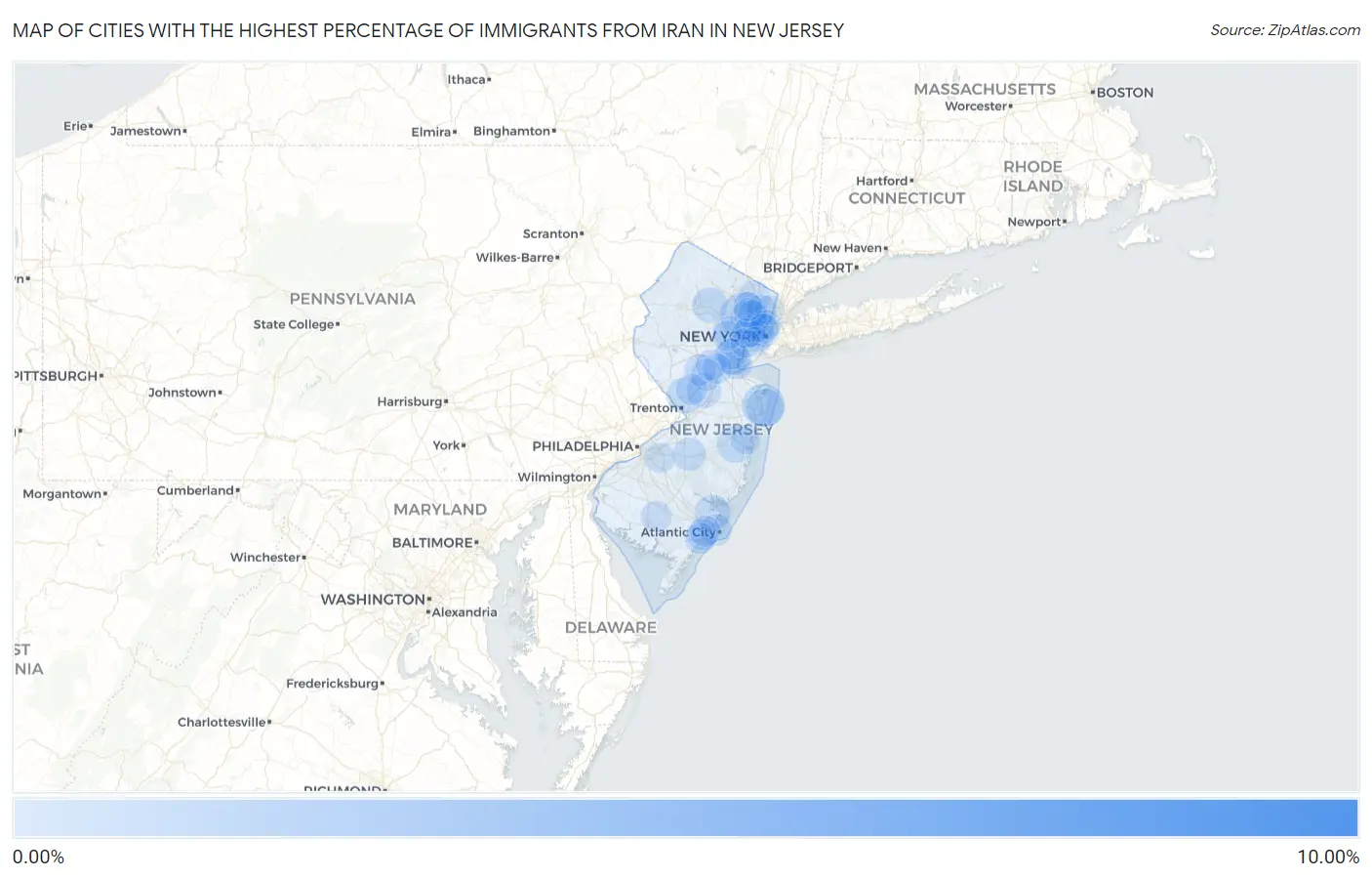 Cities with the Highest Percentage of Immigrants from Iran in New Jersey Map