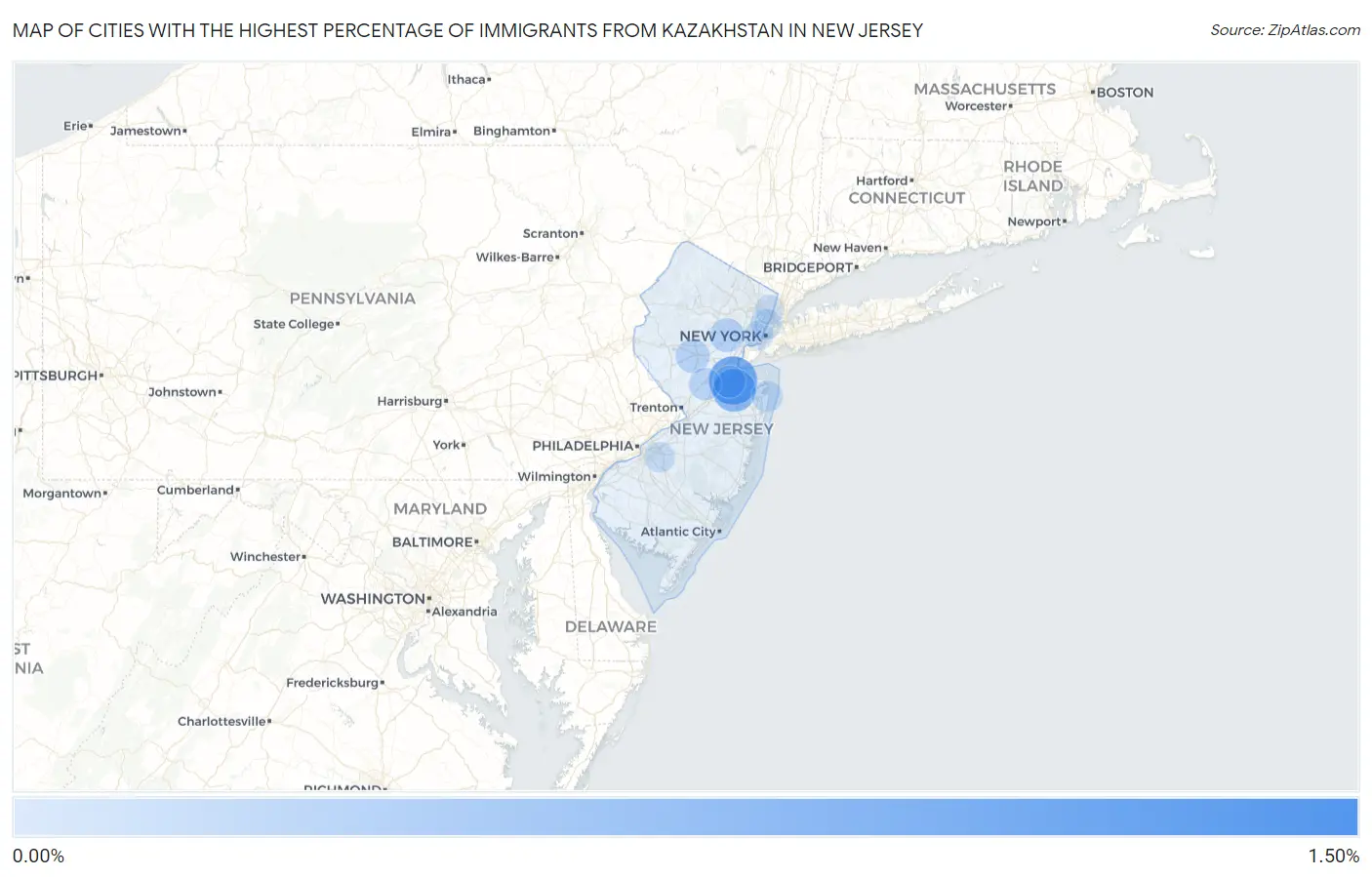 Cities with the Highest Percentage of Immigrants from Kazakhstan in New Jersey Map