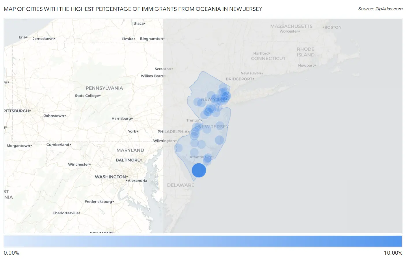 Cities with the Highest Percentage of Immigrants from Oceania in New Jersey Map
