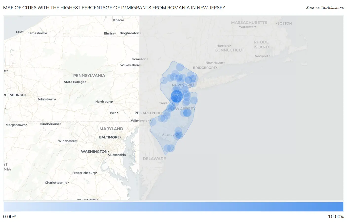 Cities with the Highest Percentage of Immigrants from Romania in New Jersey Map