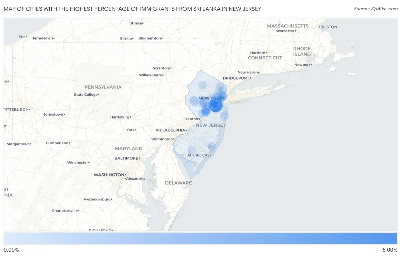 Cities with the Highest Percentage of Immigrants from Sri Lanka in New Jersey Map