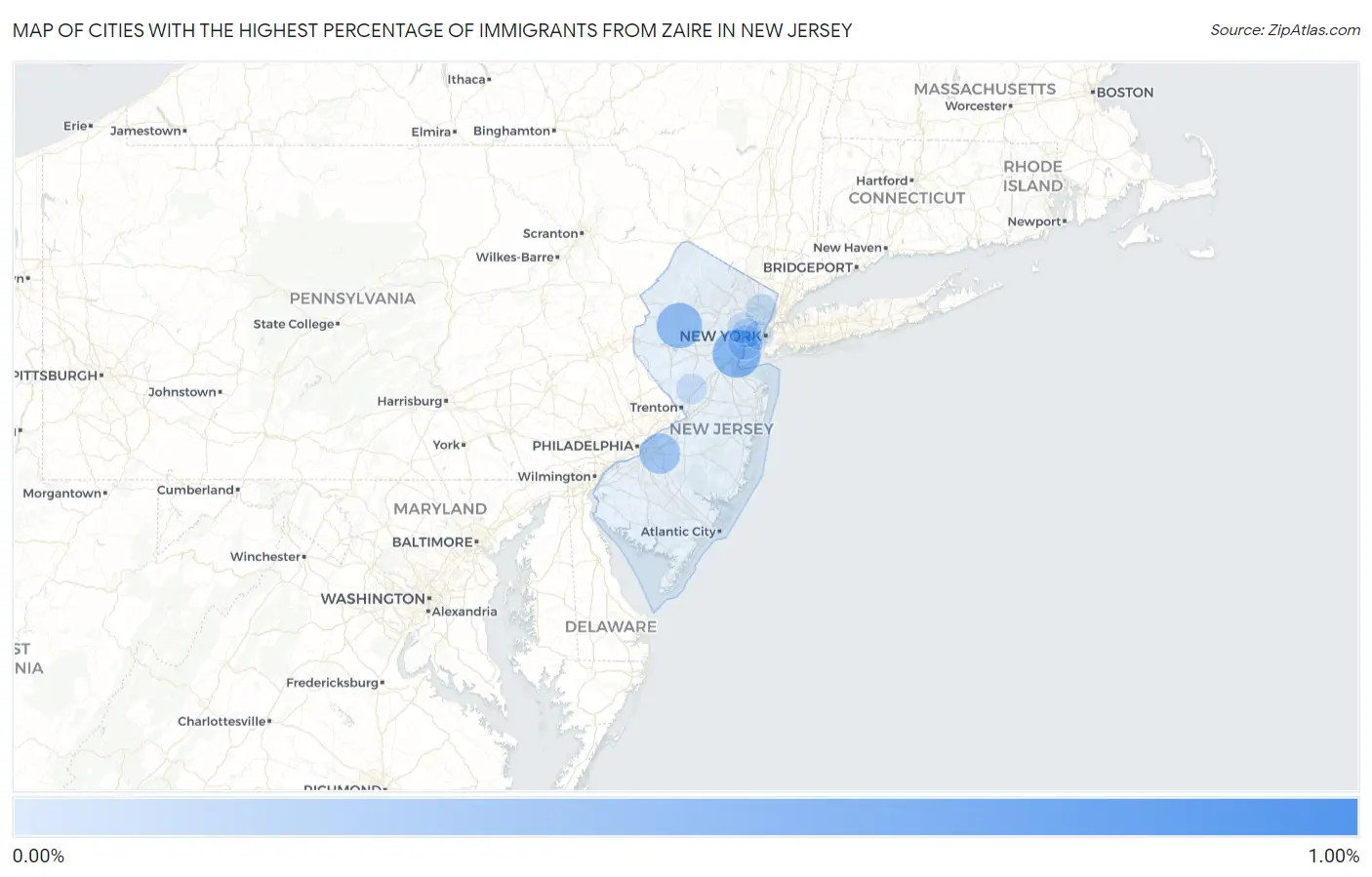 Cities with the Highest Percentage of Immigrants from Zaire in New Jersey Map
