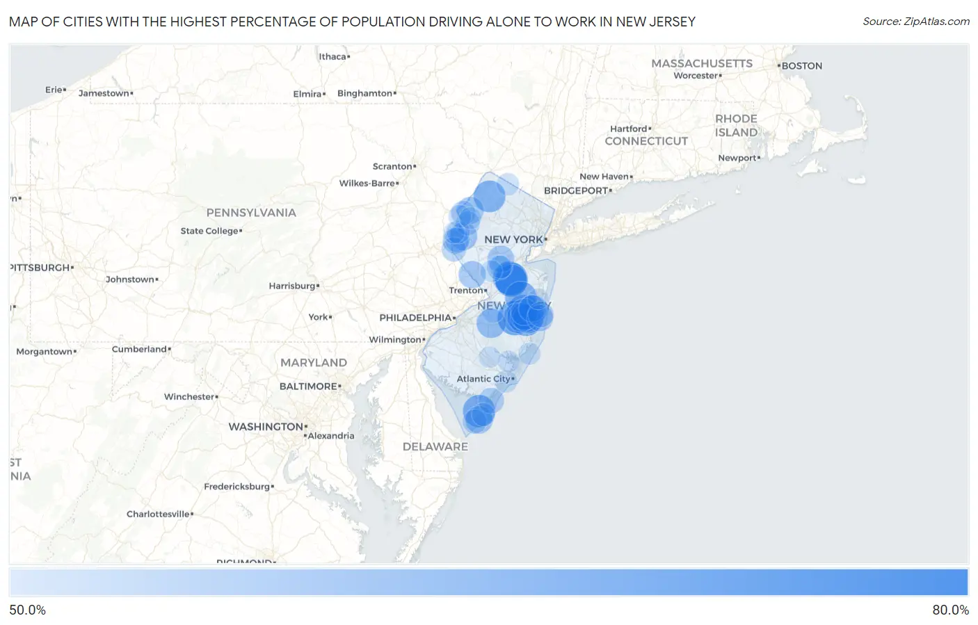 Cities with the Highest Percentage of Population Driving Alone to Work in New Jersey Map