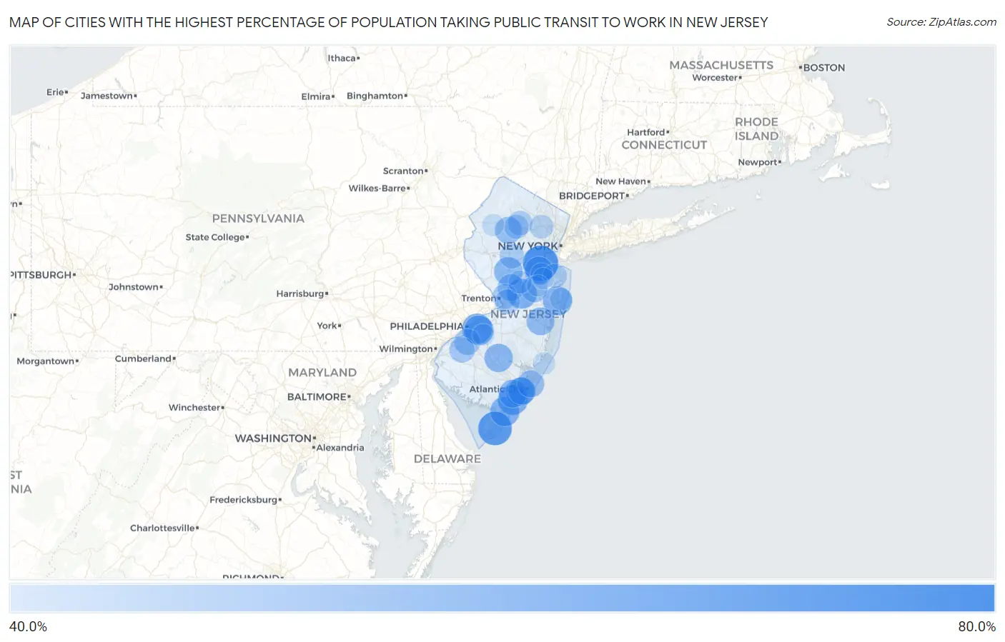 Cities with the Highest Percentage of Population Taking Public Transit to Work in New Jersey Map